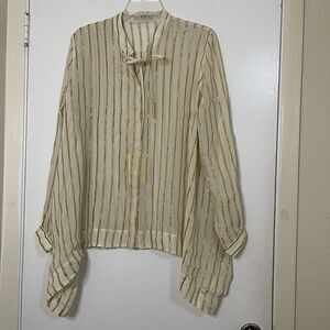 NEW! ETRO ivory gold striped button down silk blouse tie collar IT 48 US L $800